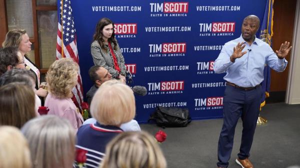 FILE - Republican presidential candidate South Carolina Sen. Tim Scott speaks during a campaign event with the New Hampshire Federation of Republican Women, May 25, 2023, in Manchester, N.H. When Scott launched his campaign for the White House last week, the notoriously prickly former President Do<em></em>nald Trump welcomed his new competitor with open arms. “Good luck to Senator Tim Scott in entering the Republican Presidential Primary Race,” Trump said. (AP Photo/Robert F. Bukaty, File)