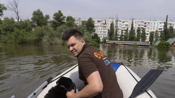 An animal rescue team on a boat with a rescued dog in the flooded area after the dam collapse in Kherson, Ukraine, Thursday, June 8, 2023. (AP Photo/Vasilisa Stepanenko)