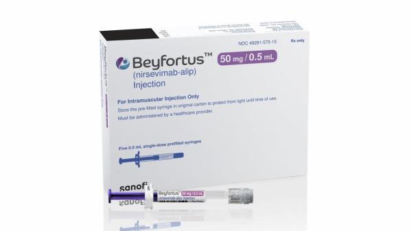 FILE - This illustration provided by AstraZeneca depicts packaging for their medication Beyfortus. On Thursday, Aug. 3, 2023, a panel of outside advisers to the Centers for Disease Co<em></em>ntrol and Prevention recommended that babies get the drug to protect them against a respiratory virus that sends tens of thousands of American children to the hospital each year. (AstraZeneca via AP, File)