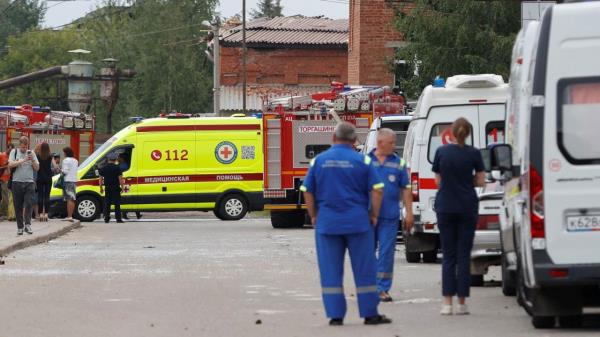 An explosion at an industrial plant near Moscow, Russia, has injured at least 25 people. Ambulances are seen near the factory wher<em></em>e the blast occurred on August 9. (Reuters)