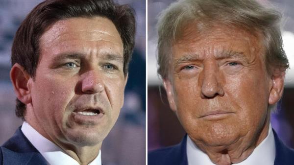 FILE - This combination of photos shows Republican presidential candidates Florida Gov. Ron DeSantis speaking at the Christians United For Israel (CUFI) Summit 2023 on July 17, 2023, in Arlington, Va., left, and former President Do<em></em>nald Trump speaking at Trump Natio<em></em>nal Golf Club in Bedminster, N.J., June 13, 2023, right. Trump’s campaign is seeking to blunt the efforts of a super PAC supporting rival Ron DeSantis’ presidential campaign by sending a letter to all state Republican parties arguing that they cannot work with a super PAC as if it is representing a candidate. (AP Photo, File)