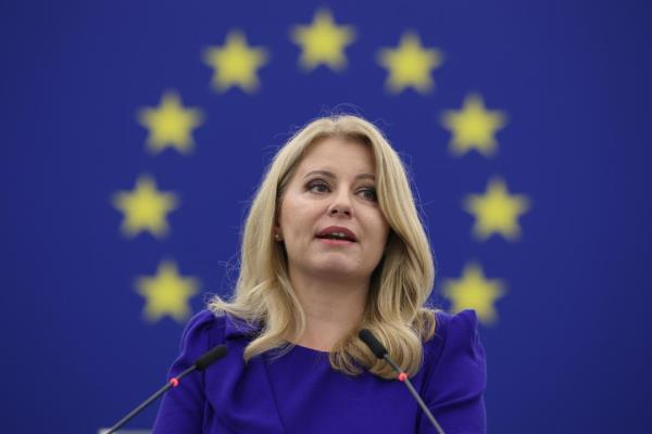 FILE - President of Slovakia Zuzana Caputova delivers her speech at the European Parliament, Wednesday, Oct. 19, 2022 in Strasbourg. Slovakia’s top police officer said on Thursday, Aug. 17, 2023 that the former and current heads of the country’s spy agency and five other police and intelligence officers have been accused of abuse of power and criminal co<em></em>nspiracy in a sensitive case ahead of the forthcoming snap election. (AP Photo, File)